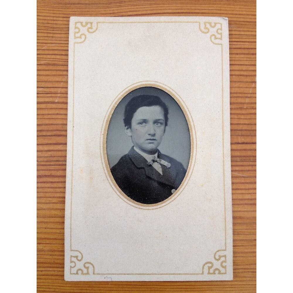 Antique 1800s Tintype Photograph Young Boy School Portrait Blush Cheeks Bow Tie
